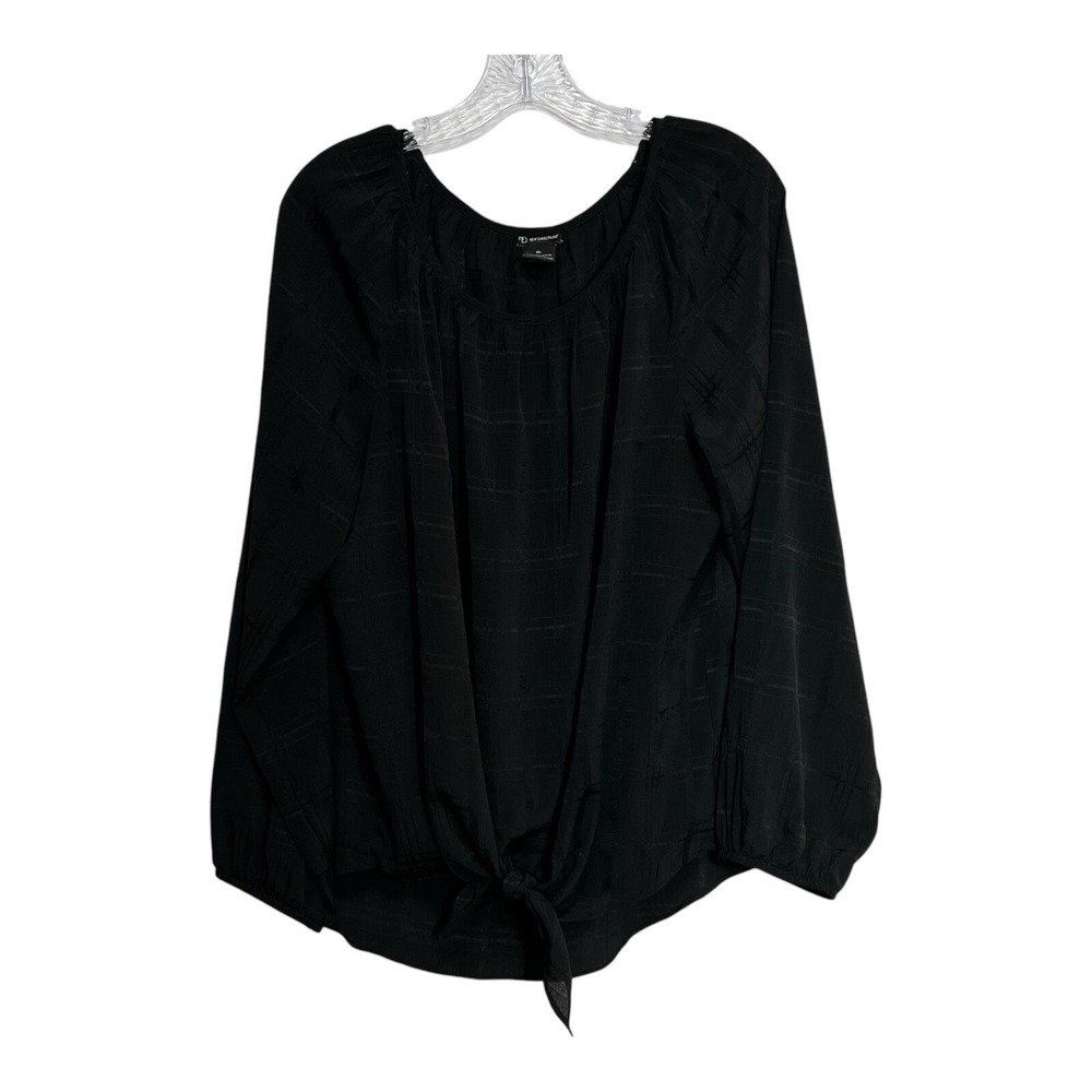 New Directions Black Textured Plaid Tie Front Long Sleeve Blouse Top‎ XL